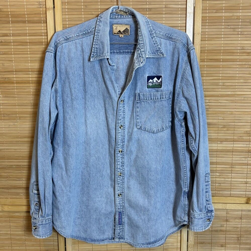 Port Authority Men’s M Blue Denim Button-Up Shirt Long Sleeve Pockets Coastal